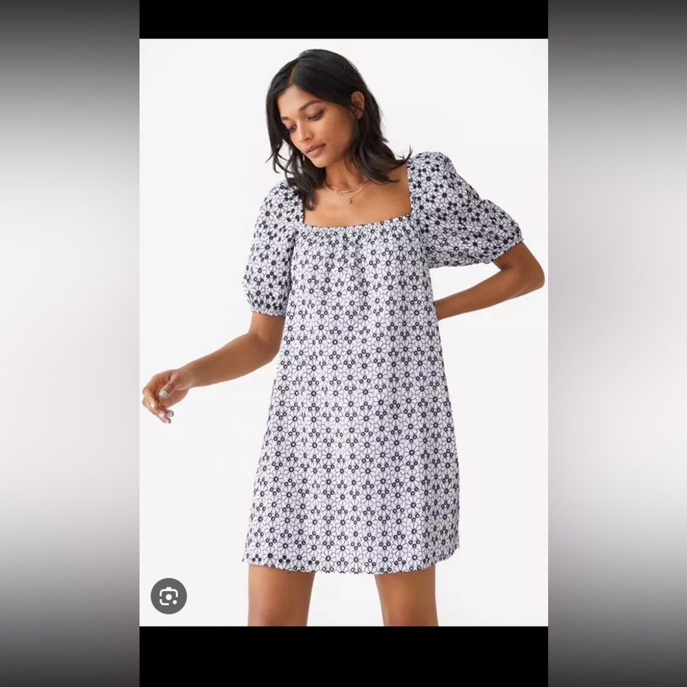 Floral Puff Sleeve Mini Dress - Black & White - Size M